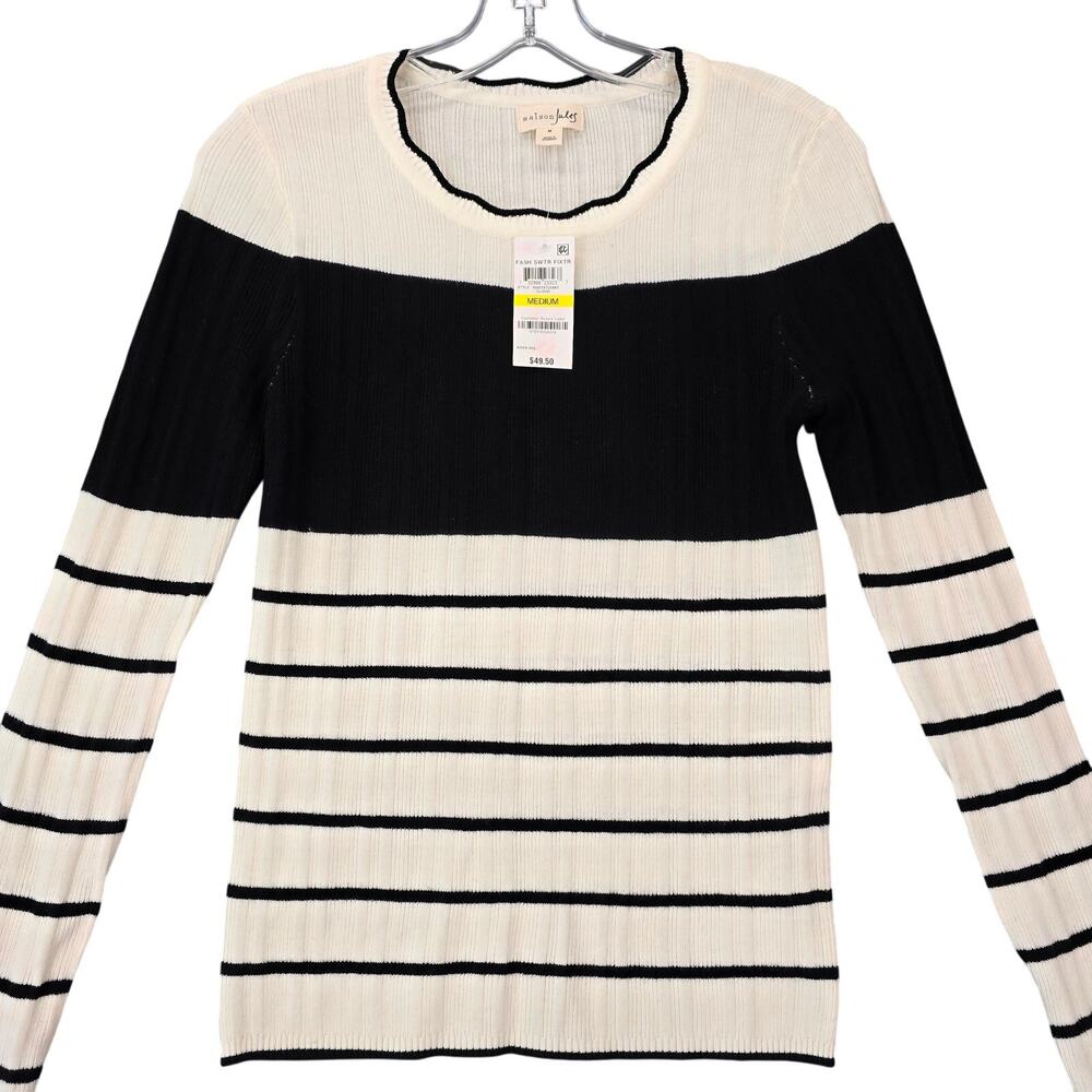 Maison Jules Cream Sweater NEW $49 Preppy Black Stripe Long Sleeves Knit Women M